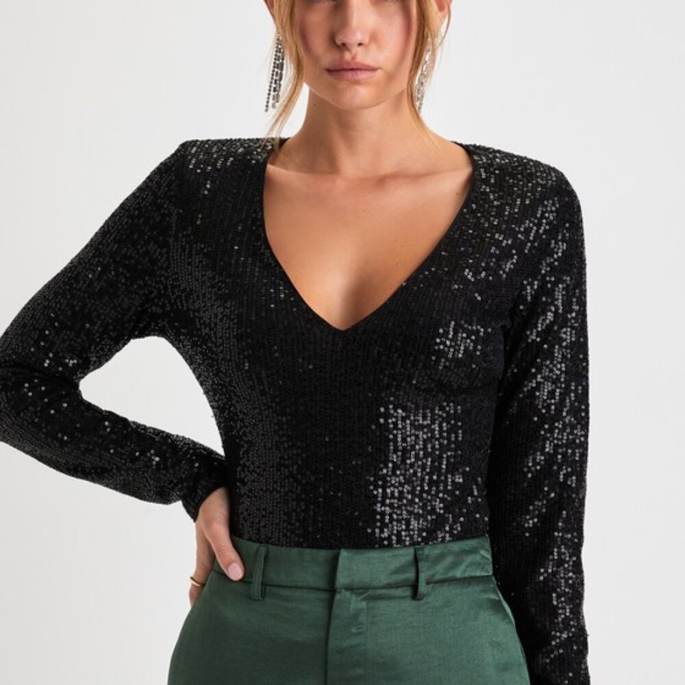 Lulus Sparkling Evenings Black Sequin V-neck Long Sleeve Bodysuit - Size S